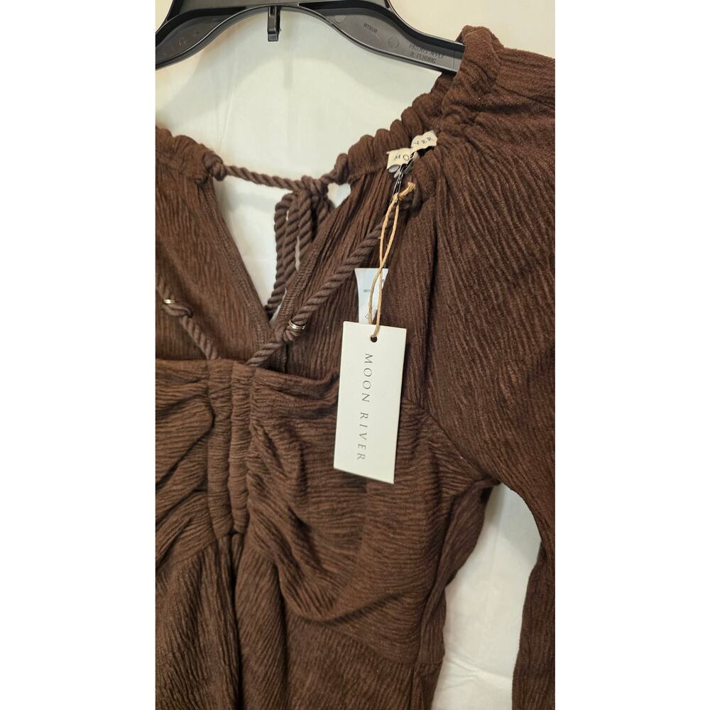 NwT Moon River Chocolate Ruche Long Sleeve Boho Peplum Textured Top XS - Picture 7 of 12